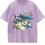 Marine Biology Ocean Sharks Illustration Boxy Vintage Washed T-Shirt in Purple
