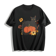 Halloween Holiday Animal Cat Floral Pumpkin One-piece Cotton T-Shirt in Black