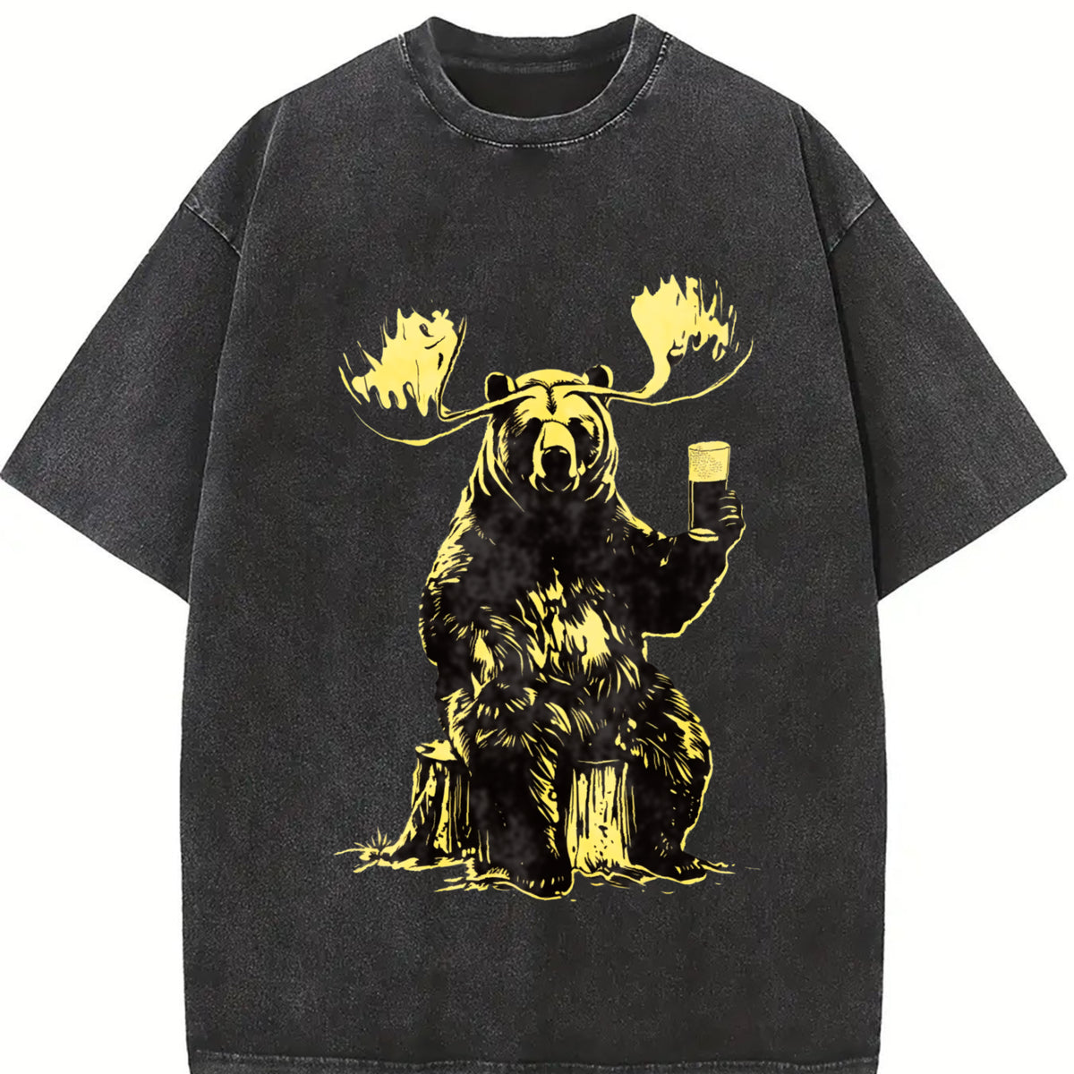 Retro Bear Moose Drinking Beer 90s Vintage Washed T-Shirt in Black