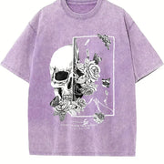 With Gothic Skull & Rose Vintage Washed T-Shirt in Purple