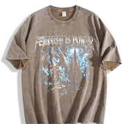 Feminism Is Power Dragon 90s Vintage Washed T-Shirt in Brown