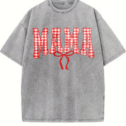 Mama Gingham Bow Cute Mom Vintage Washed T-Shirt in Gray