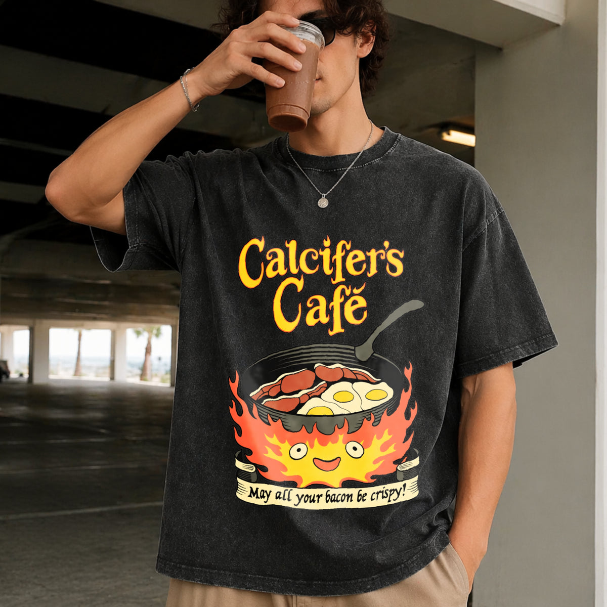 Calcifer's Cafe Howl's Moving Castle Vintage Washed T-Shirt in Black