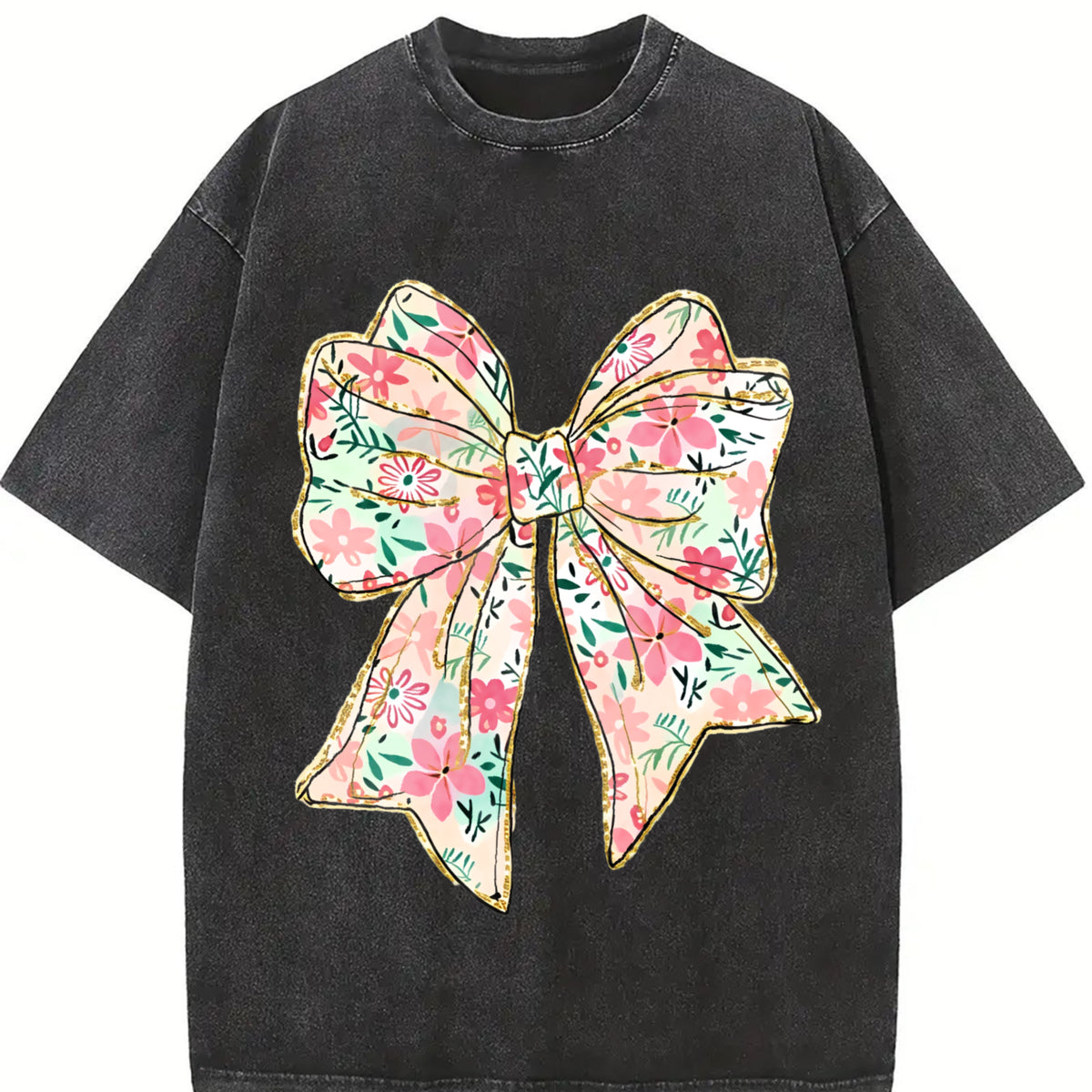 Coquette Bow Floral Bow Vintage Washed T-Shirt in Black