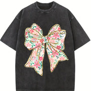 Coquette Bow Floral Bow Vintage Washed T-Shirt in Black