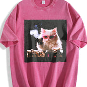 Cute Cat Kitten Vintage Washed T-Shirt in Red