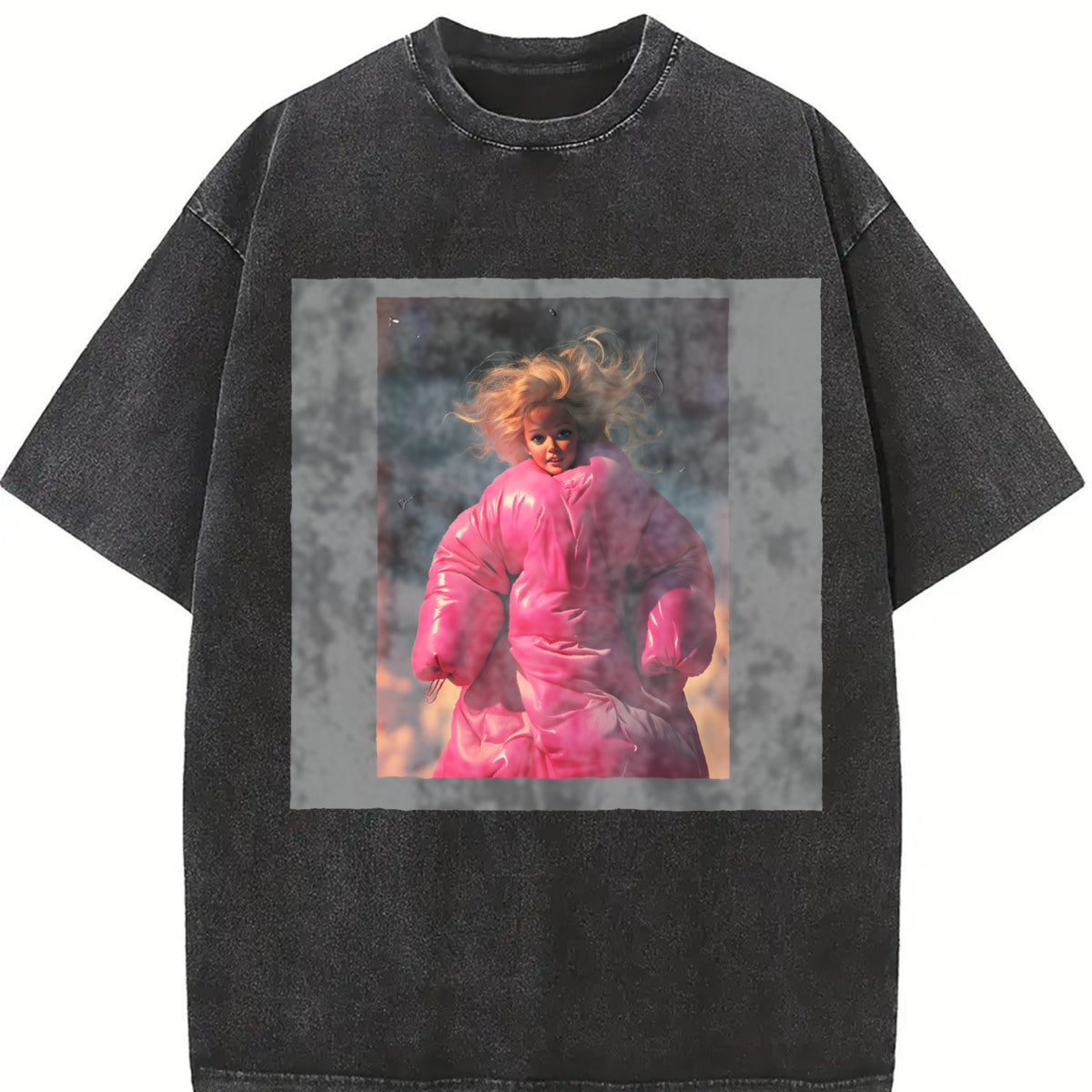 Woman in a Pink Snowsuit Vintage Washed T-Shirt in Black