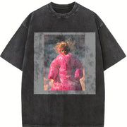 Woman in a Pink Snowsuit Vintage Washed T-Shirt in Black