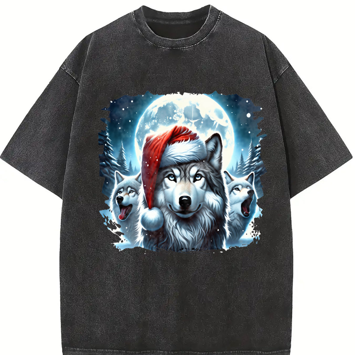 Retro Christmas Wolf Teenager Vintage Washed T-Shirt in Black
