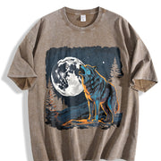 Retro Wolf Howling Y2k Teenager Vintage Washed T-Shirt in Brown