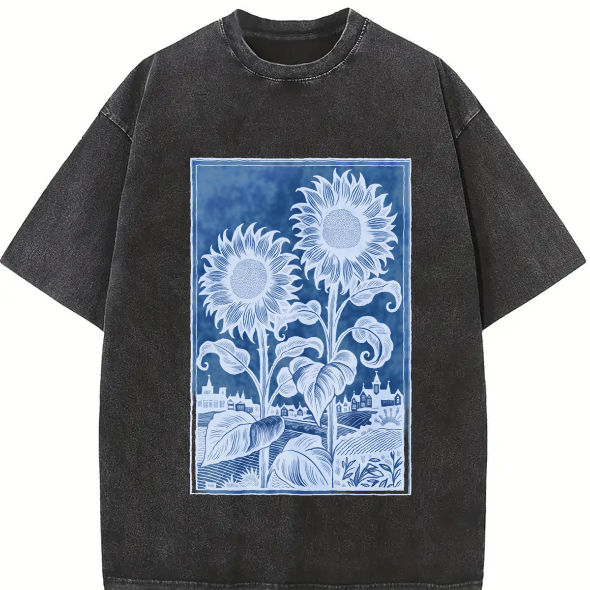 Sunflowers Retro Botanical Garden Vintage Washed T-Shirt in Black
