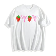 Strawberry Bow Embroidered Cotton T-Shirt in White