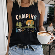 Camping Is My Happy Place Women's Color Cotton Tank Top in Black