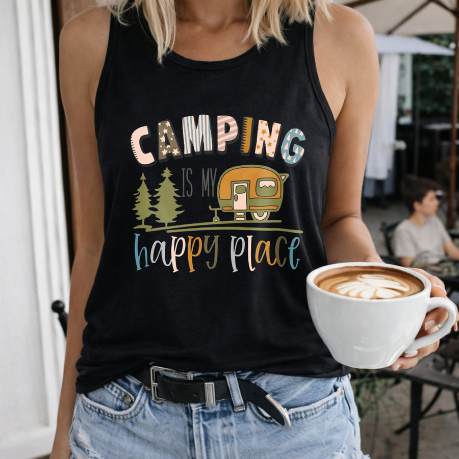 Camping Is My Happy Place Women's Color Cotton Tank Top in Black