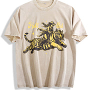 Hell Cat Cowgirl Riding Tiger Vintage Washed T-Shirt in Beige
