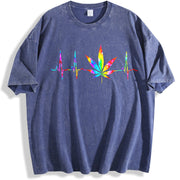 Weed Cannabis Marijuana Leaf Heartbeat Stoner Tie Dye vintage washed oversized T-shirt in Blue
