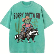 Raccoon Cowboy Frog Retro Vintage Washed T-Shirt in Blue