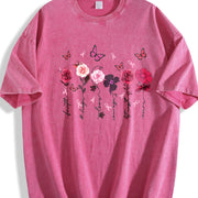 Round-neck Short-sleeve with Pink Floral and Letter Vintage Washed T-Shirt in Red