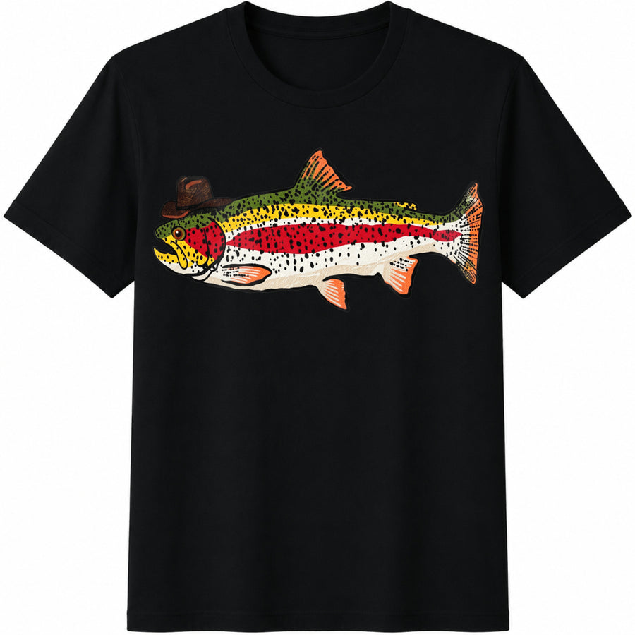 Cowboy Trout; Cowboy Hat Fish Fisherman Yallternative Cotton T-Shirt in Black