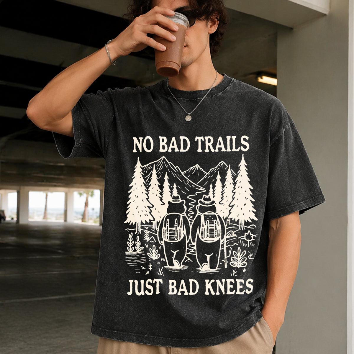 No Bad Trails Just Bad Knees Vintage Washed T-Shirt in Black