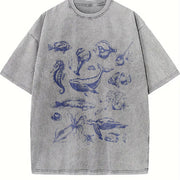 Tattoo Sea Animals 90s Vintage Washed T-Shirt in Gray