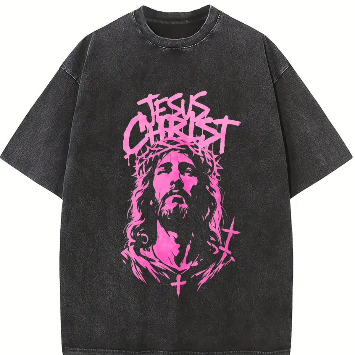 Jesus Christ Bold Christian Faith Crown of Thorns Vintage Washed T-Shirt in Black
