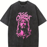 Jesus Christ Bold Christian Faith Crown of Thorns Vintage Washed T-Shirt in Black