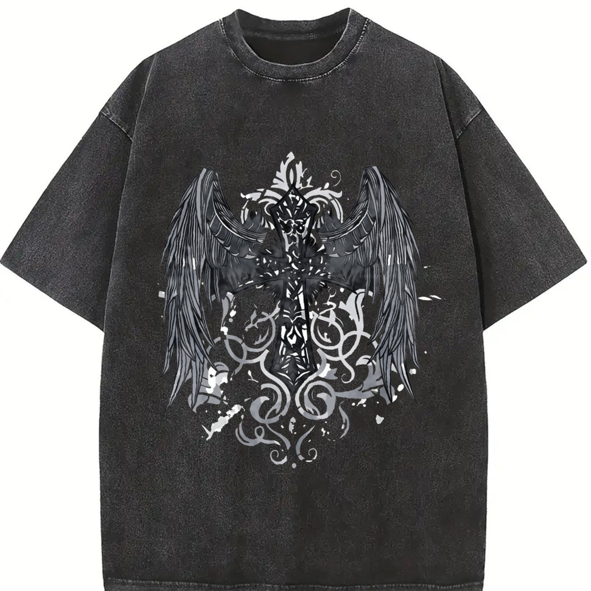 Gothic Angel & Cross Back Dark Grey/Black Retro for vintage washed oversized T-shirt in Black