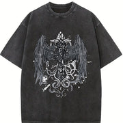 Gothic Angel & Cross Back Dark Grey/Black Retro for vintage washed oversized T-shirt in Black