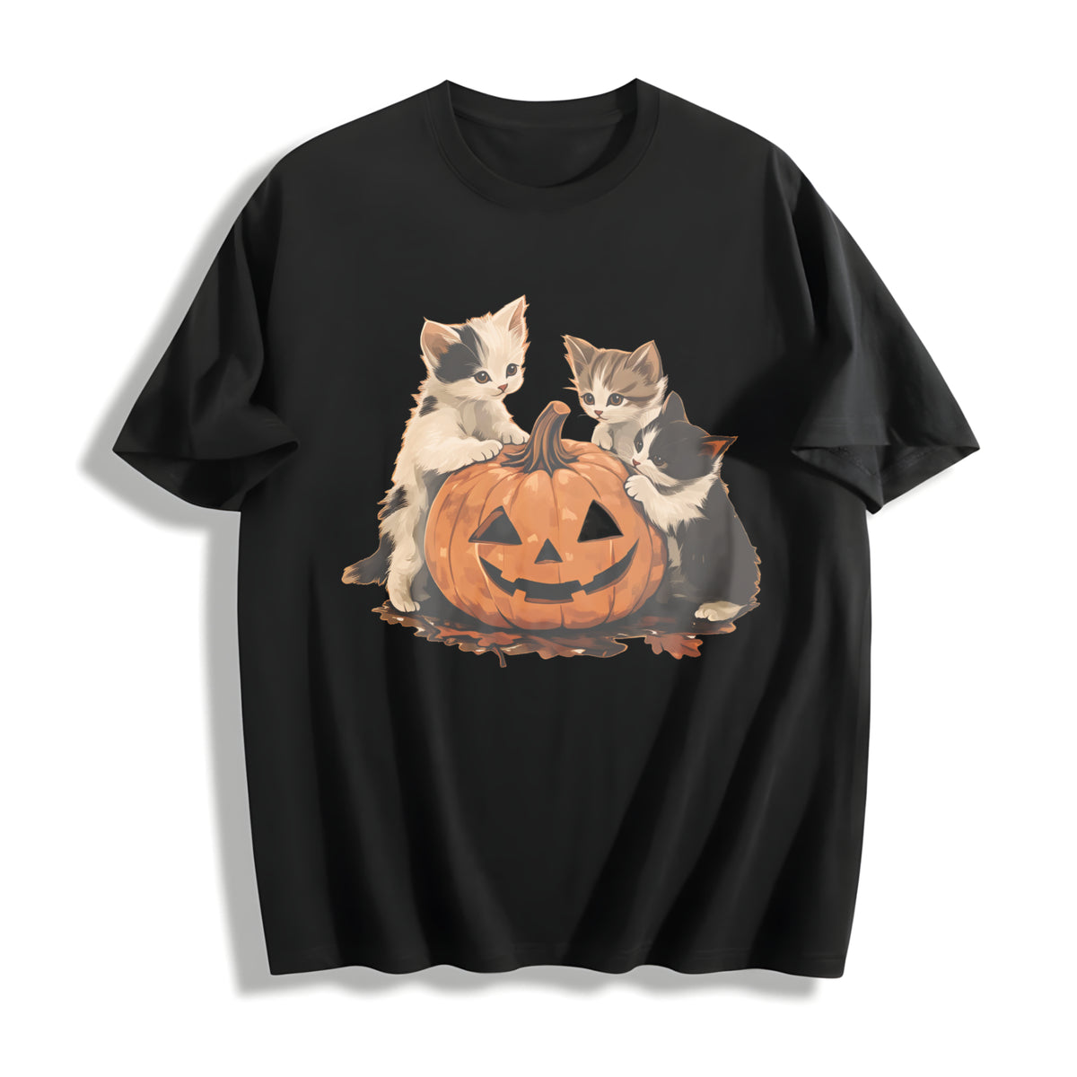 Halloween Kitten Cute Cat Pumpkin Cotton T-Shirt in Black