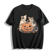 Halloween Kitten Cute Cat Pumpkin Cotton T-Shirt in Black