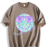 Purple Leopard Smiley Cute Beach Swimsuit Cover Up vintage washed oversized T-shirt in Brown