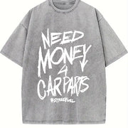 1pc 230GSM - Double-Sided Front & Back NEED MONEY for CARS vintage washed oversized T-shirt in Gray