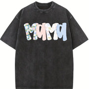 Floral Preppy Mama Mom Vintage Washed T-Shirt in Black