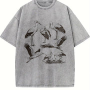 Stork Bird 90s Tattoo Vintage Washed T-Shirt in Gray