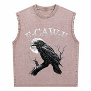 Black Crow F-caw-f Black Bird Moon Gothic Adult Humor Vintage Washed Tank Top in Brown