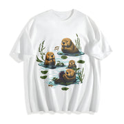 90s Sea Otter Retro Wildlife Cotton T-Shirt in White
