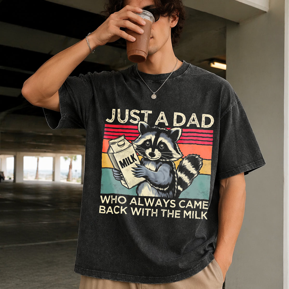 Just a Dad Who Always Came Back with the Milk Vintage Washed T-Shirt in Black