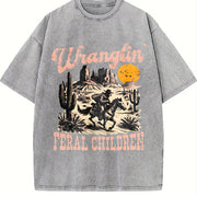 Retro Wranglin' Feral Children Raccoon 90s Western Vintage Washed T-Shirt in Gray