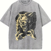 230gsm Werewolf Howling at the Moon Vintage Washed T-Shirt in Gray