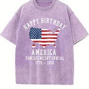 Patriotic Happy Birthday America Vintage Washed T-Shirt in Purple