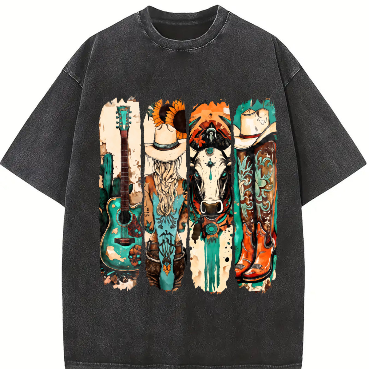 Western Cowgirl Cowboy Boots Cowprint vintage washed oversized T-shirt in Black