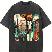 Western Cowgirl Cowboy Boots Cowprint vintage washed oversized T-shirt in Black