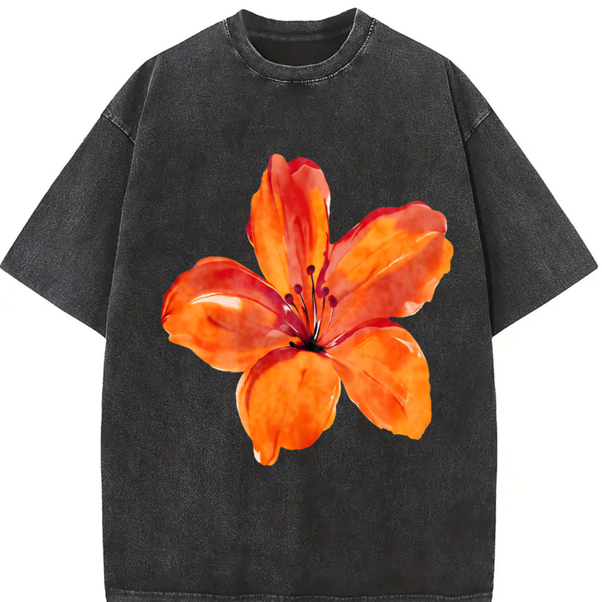 Orange Lily Floral vintage washed oversized T-shirt in Black