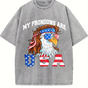 My Pronouns Are USA Eagle American 4th of July Vintage Washed T-Shirt in Gray