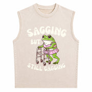 Sagging but Still Gagging Frog Cringe Meme Vintage Washed Tank Top in Beige