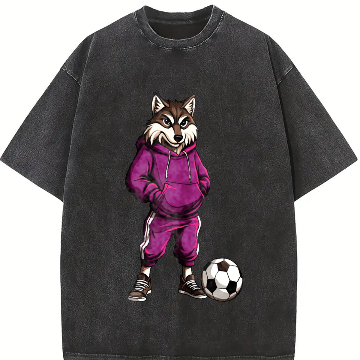 Wolf Soccer Player Vintage Washed T-Shirt in Black