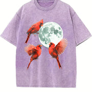 Red Cardinal Howling at Moon 90s Vintage Washed T-Shirt in Purple