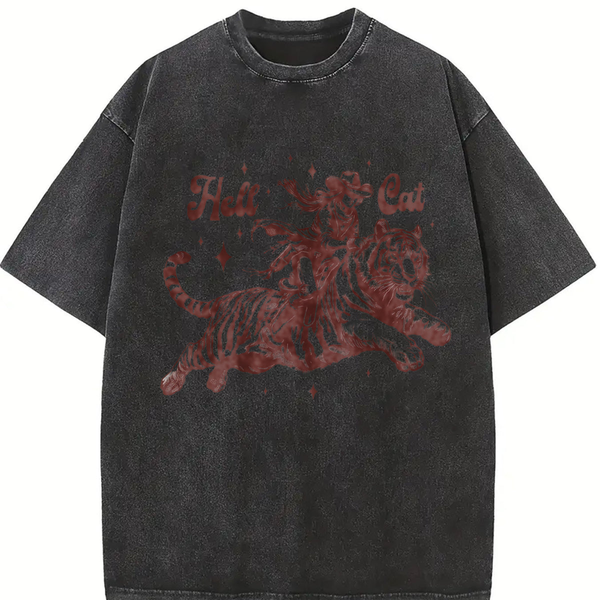 Hell Cat Cowgirl Riding Tiger Vintage Washed T-Shirt in Black