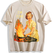 I Am Fine Retro Housewife Vintage Washed T-Shirt in Beige
